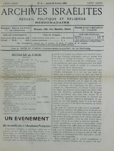 Archives israélites de France. Vol.75 N°08 (19 févr. 1914)